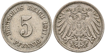 Германия 5 пфеннигов 1911 G KM 11, Jager 12, Weege 6 медно-никель 4151-529