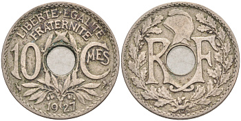 ФРАНЦИЯ 10 САНТИМОВ 1927 ТИП ЛИНДАЙЁ KM 866а медно-никель 4589-535