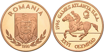 Румыния 100 леев 1996 XXVI Олимпийские игры 1996 года в Атланте, 100 лет Олимпийскому движению, скачки, пробный выпуск KM PnB 315B медь  PROOF  11-159-42