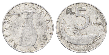 Италия 5 лир 1954 R, плуг, дельфин KM 92 алюминий 4611-925