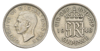 Великобритания 6 пенсов 1948 Георг VI (1936-1952) KM 862, Spink 4105 медно-никель 4674-849
