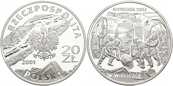Польша 20 злотых 2001 соляная шахта в Величке KM 409 серебро PROOF 00-00