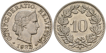 Швейцария 10 раппенов 1932 B KM 27b никель     4189-342