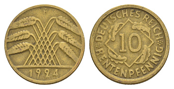 Германия 10 рентенпфеннигов 1924 F KM 33, J. 309 алюминиевая бронза 4640-348