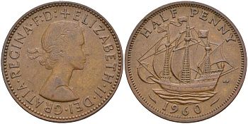 Великобритания 1/2 пенни 1960 Елизавета II (1952-2022) KM 896, Spink 4158 бронза 4153-842