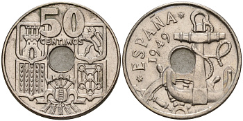 Испания 50 сентимо 1949 (62) Франсиско Франко (1939-1975), морская атрибутика KM 777  медно-никель    4153-152