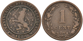 Нидерланды 1 цент 1884 Виллем III (1849-1890) KM 107 бронза 4576-615