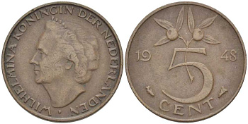 НИДЕРЛАНДЫ 5 ЦЕНТОВ 1948 ВИЛЬГЕЛЬМИНА (1890-1948) KM 176 бронза 212-1025