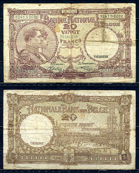 Бельгия 20 франков 1941 08.10.1941, Король Альберт I и его жена Королева Елизавета, Гран-Плас / Гроте Маркт, Брюссель Pick 111 (2) бумага 6301-32-3-1