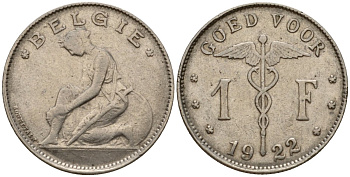 Бельгия 1 франк 1922 Belgie KM 90 никель 34-714