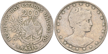 Бразилия 200 рейс 1901 голова свободы вправо KM 504 медно-никель 4589-1121