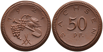 Саксония 50 пфеннигов 1921 виноград и лопата J. N 54 фарфор 1094-5-41