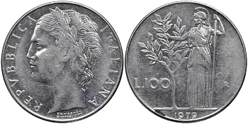 Италия 100 лир 1979 R, Афина в доспехах KM 96.1 нержавеющая сталь 4165-231