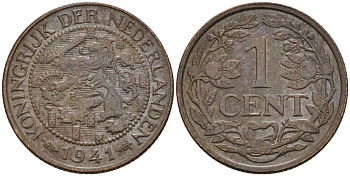 Нидерланды 1 цент 1941 Вильгельмина (1890-1948) KM 152 бронза 4592-847