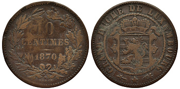 ЛЮКСЕМБУРГ 10 САНТИМОВ 1870 u, ГЕРЦОГ ВИЛЛЕМ III НИДЕРЛАНДСКИЙ (1849-1890), МОНДВОР УТРЕХТ, С ТОЧКОЙ НАД BARTH НА РЕВЕРСЕ КМ 23.1 бронза 4536-435