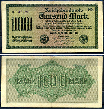 Германия 1000 марок 1922 выпуск 15 сентября 1922, водяной знак D, белая бумага, серия NN, буква X Pick 76 d (1) бумага 8617-50-2-1