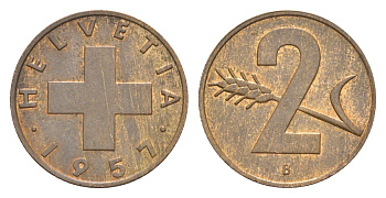 Швейцария 2 раппена 1957 B KM 47 бронза 4630-753