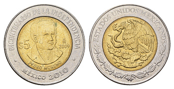Мексика 5 песо 2009 Двухсотлетие независимости - Педро Морено KM 910 биметалл UNC 216-1236