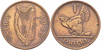 ИРЛАНДИЯ 1 ПЕННИ 1946 КУРИЦА С ЦЫПЛЯТАМИ KM 11 бронза 3457-232