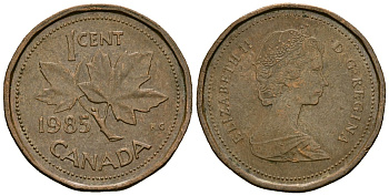 Канада 1 цент 1985 Елизавета II (1952-2022), кленовый лист KM 132 бронза 4173-1234