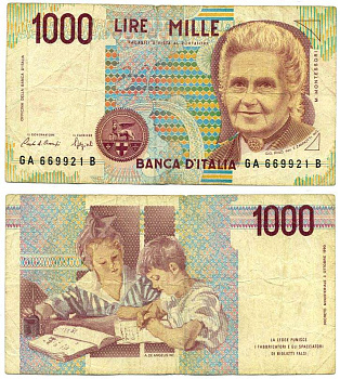 Италия 1000 лир 1990 Мария Монтессори Pick 114а бумага 8611-63-1-1