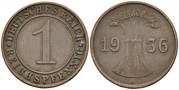 Германия 1 рейхспфенниг 1936 A KM 37, J. 313 бронза 4549-319