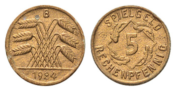 Германия игровой жетон в 5 рентенпфеннигов 1924 диаметр 18 мм, вес 0,2 гр картон 4702-1013