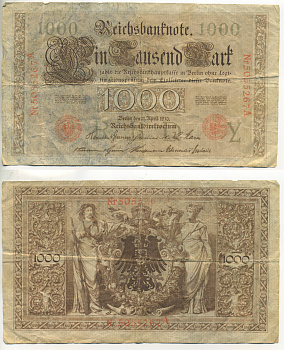 ГЕРМАНИЯ 1000 МАРОК 1910 КРАСНАЯ ПЕЧАТЬ, 7 ЦИФР В НОМЕРЕ Pick 44b бумага 6299-34-2