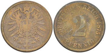 ГЕРМАНИЯ 2 ПФЕННИГА 1875 E, СТАРОГЕРБОВКА KM 2, J. 2, Weege 3 медь 212-547