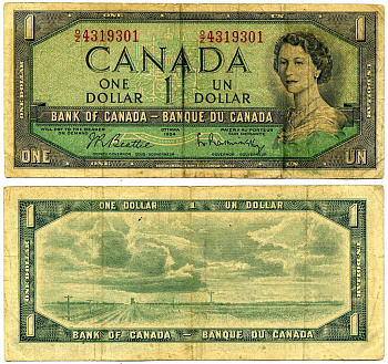 Канада 1 доллар 1954 подписи Beattie & Rasminsky, BABNC Pick 75b бумага 2192-18-1-2
