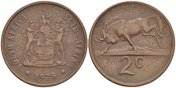 ЮАР 2 цента 1975 герб, антилопа гну KM 83 бронза 4561-717