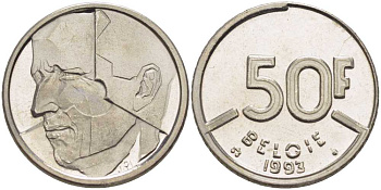 БЕЛЬГИЯ 50 ФРАНКОВ 1993 BELGIE, БОДУЭН I (1951-1993) KM 169 никель 4390-343