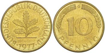 ФРГ 10 ПФЕННИГОВ 1977 G KM 108, J. 383 сталь плакированная латунью 219-517