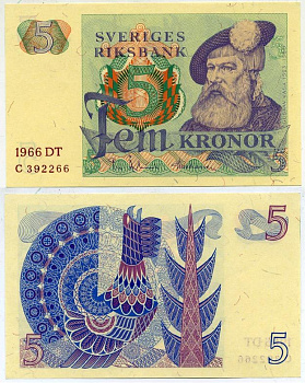 Швеция 5 крон 1966 DT, Густав I Ваза Pick 51a бумага aUNC 2192-4-2