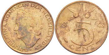 НИДЕРЛАНДЫ 5 ЦЕНТОВ 1948 ВИЛЬГЕЛЬМИНА (1890-1948) KM 176 бронза 212-1022