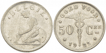 БЕЛЬГИЯ 50 САНТИМОВ 1923 BELGIE KM 88 никель 261-1655