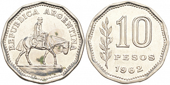 Аргентина 10 песо 1962 Гаучо KM 60 никелированная сталь UNC 68-557