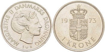 ДАНИЯ 1 КРОНА 1973 S;B, МАРГРЕТЕ II (1972-), RIM NARROW 0,7 мм. KM 862.1 медно-никель 202-825