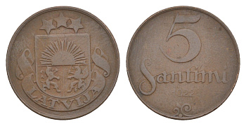 Латвия 5 сантимов 1922 KM 3 бронза 4658-1169