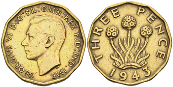 Великобритания 3 пенса 1943 Георг VI (1936-1952) KM 849, Spink 4112 никель латунь 4589-821