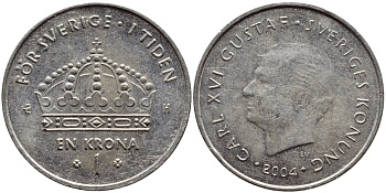 Швеция 1 крона 2004 Карл XVI Густав (1973- ) KM 894 медно-никель 261-944