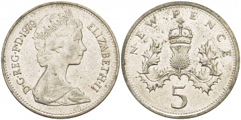 Великобритания 5 пенсов 1979 Елизавета II (1952-2022) KM 911, Spink 4233 (D1) медно-никель 77-212