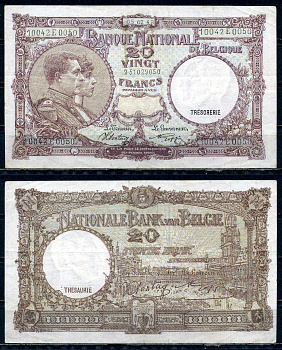 Бельгия 20 франков 1943 05.02.1943, Король Альберт I и его жена Королева Елизавета, Гран-Плас / Гроте Маркт, Брюссель Pick 111 (2) бумага 6301-34-3-1