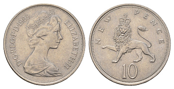 Великобритания 10 пенсов 1969 Елизавета II (1952-2022) KM 912, Spink 4231 (F1) медно-никель 4675-645