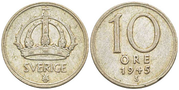 Швеция 10 эре 1945 TS, Густав V (1907-1950) KM 813 серебро 116-1163
