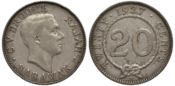 Саравак 20 центов 1927 Н, Третий Раджа Чарльз Вайнер Брук, Королевство Саравак (1846-1946) KM 17а серебро 1521-142