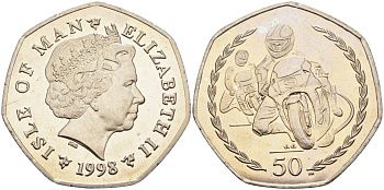Остров Мэн 50 пенсов 1998 PM, АА, мотогонки, Елизавета II (1952), редкая KM 905 медно-никель BUNC 603-1024