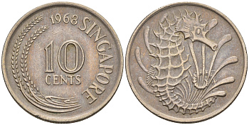 Сингапур 10 центов 1968 морской конек KM 3 медно-никель 4594-1058