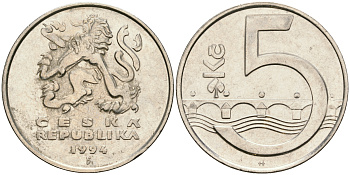 Чехия 5 крон 1994 чешский лев, Карлов мост KM 8 сталь плакированная никелем 08-1131