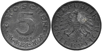 АВСТРИЯ 5 ГРОШЕЙ 1951 KM 2875 цинк 112-668